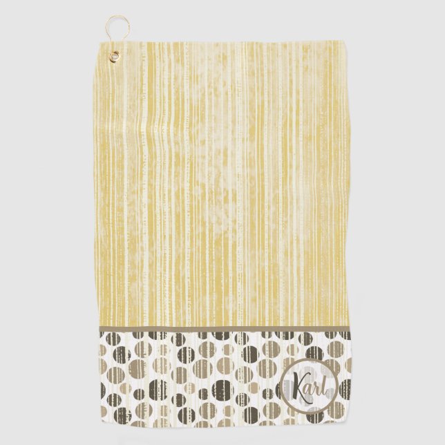 Yellow and Beige Modern Polka Dots Monogrammed Golf Towel (Front)