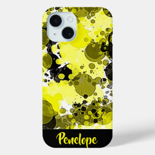 Yellow and Black Abstract Paint Splatter with Name iPhone 15 Case