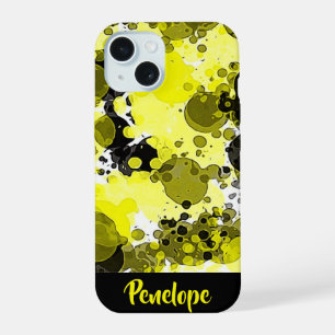 Yellow and Black Abstract Paint Splatter with Name iPhone 15 Case