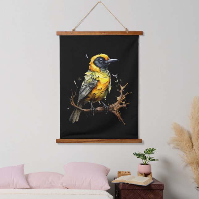 Yellow and Black Abstract Prairie Warbler Hanging Tapestry (Bedroom)