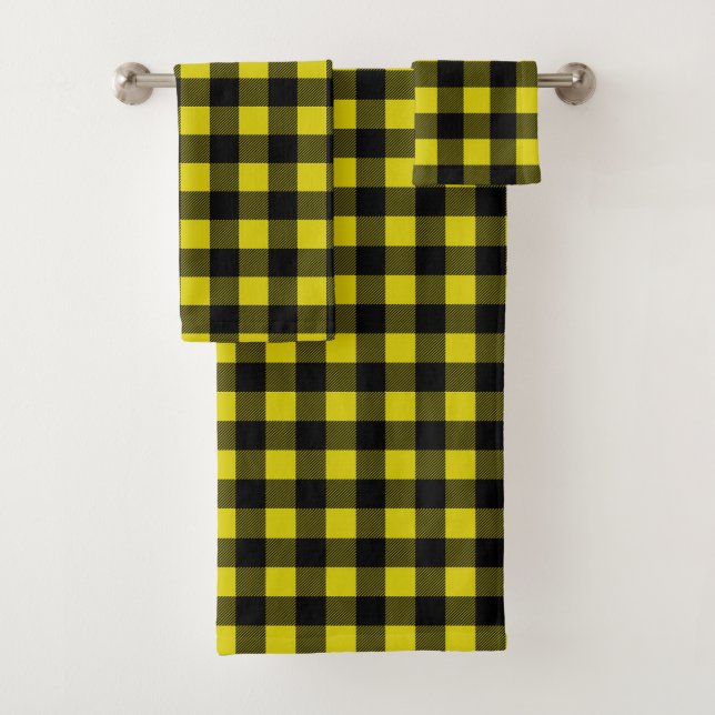 Yellow and Black Buffalo Plaid Bath Towel Set (Insitu)