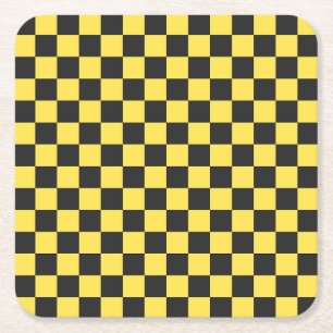 Yellow and black checkerboard pattern square paper coaster