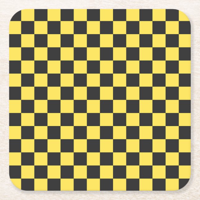 Yellow and black checkerboard pattern square paper coaster (Front)