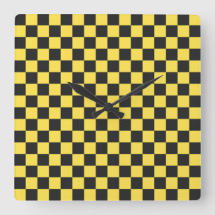 Yellow and black checkerboard pattern square wall clock