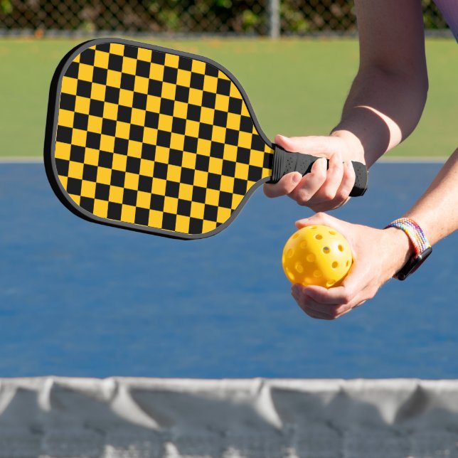 Yellow and Black Checkered Print Pickleball Paddle (Insitu)