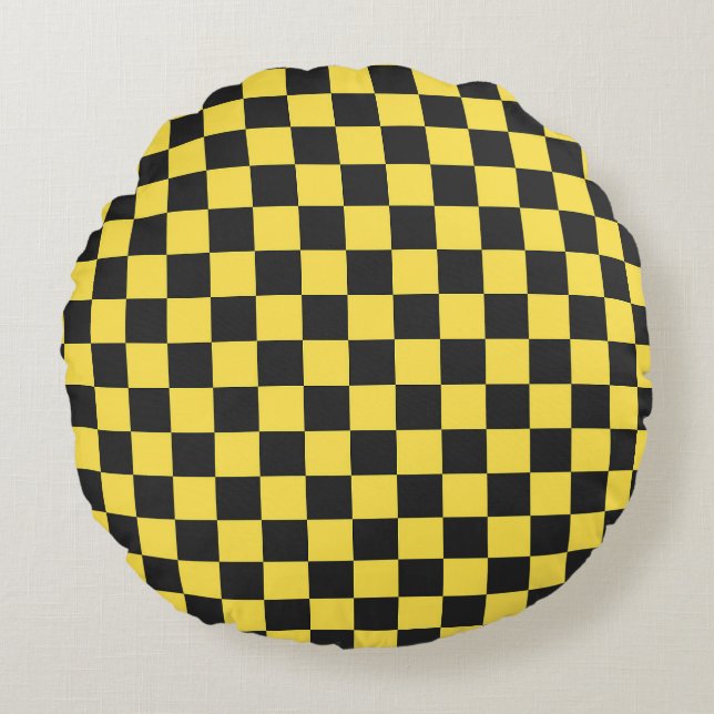 Yellow and black chequerboard pattern round cushion (Front)