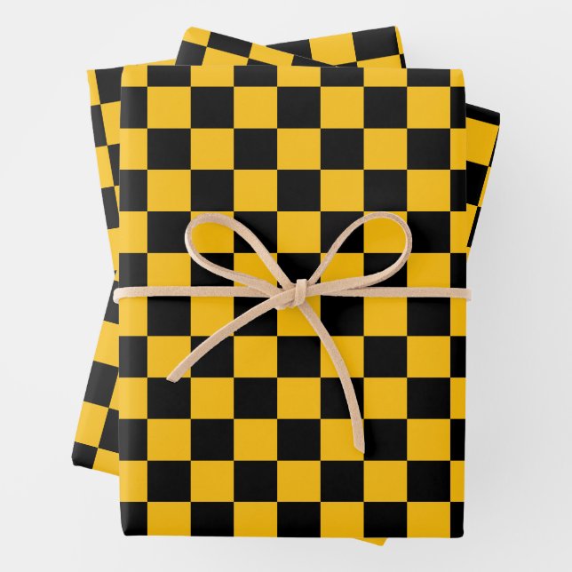 Yellow and Black Chequered Print Wrapping Paper Sheet (In situ)