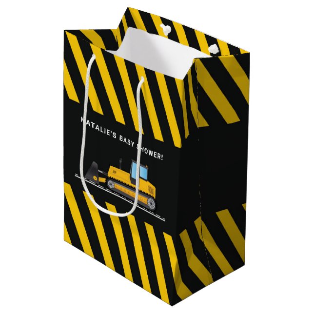 Yellow and Black Construction Baby Shower Favours Medium Gift Bag (Front Angled)