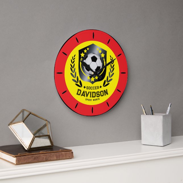 Yellow and Black Custom Soccer Name Gift Large Clock (Office)