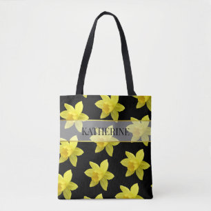 Yellow and Black Daffodil Pattern Personalised Tote Bag