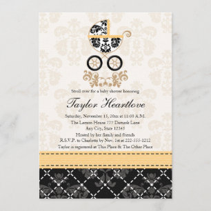 YELLOW AND BLACK DAMASK BABY CARRIAGE BABY SHOWER INVITATION