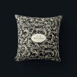 Yellow and Black Damask Personalised Cushion<br><div class="desc">This yellow and black damask throw pillow combines bold contrast with timeless elegance. The rich black background beautifully enhances the soft yellow floral swirl pattern, creating a refined and eye-catching design. At the centre, a customisable text area allows you to add names, dates, or personal messages, making it perfect for...</div>
