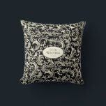 Yellow and Black Damask Personalised Cushion<br><div class="desc">This yellow and black damask throw pillow combines bold contrast with timeless elegance. The rich black background beautifully enhances the soft yellow floral swirl pattern, creating a refined and eye-catching design. At the centre, a customisable text area allows you to add names, dates, or personal messages, making it perfect for...</div>