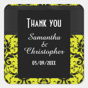 Yellow and black damask thank you square sticker