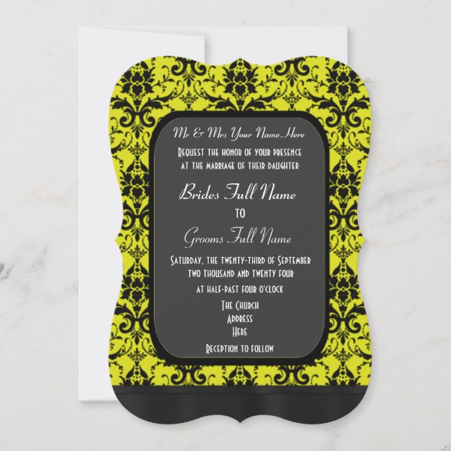 Yellow and black damask wedding invitation (Front)