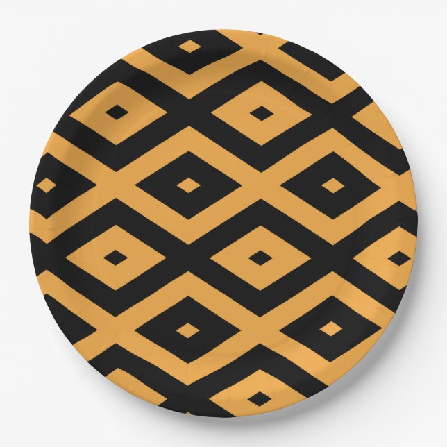 Yellow and black diamond pattern paper plate (Front)