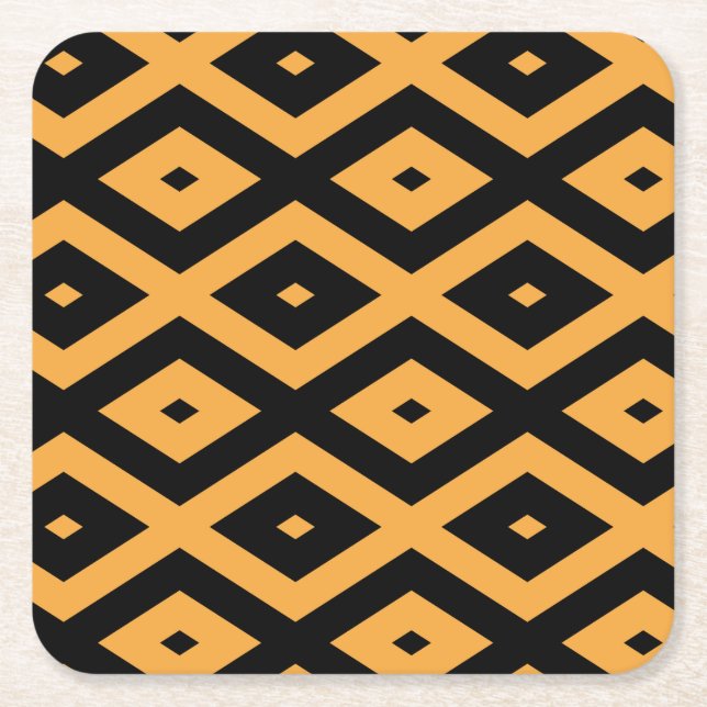 Yellow and black diamond pattern square paper coaster (Front)