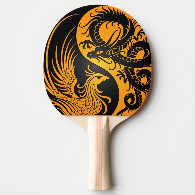 Yellow and Black Dragon Phoenix Yin Yang Ping Pong Paddle (Front)
