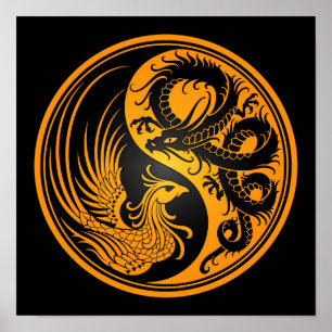 Yellow and Black Dragon Phoenix Yin Yang Poster
