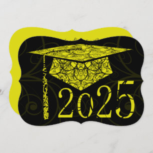 Yellow and Black Floral Cap 2025 Graduation Party Invitation