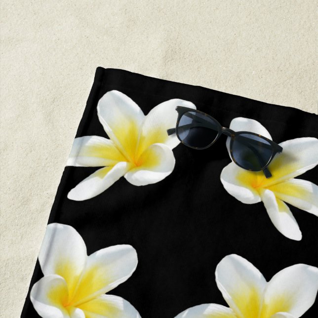 Yellow And Black Frangipani Pattern, Beach Towel (In Situ)