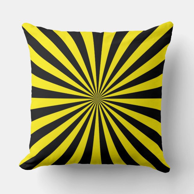 Yellow and Black Funky Sun Rays Retro Stripes Cushion (Front)