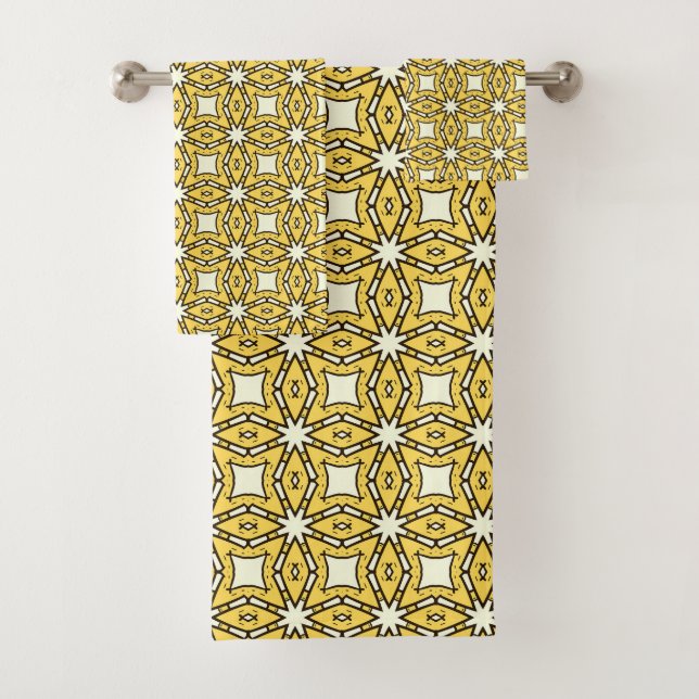 Yellow and black geometric patterned bath towel set (Insitu)