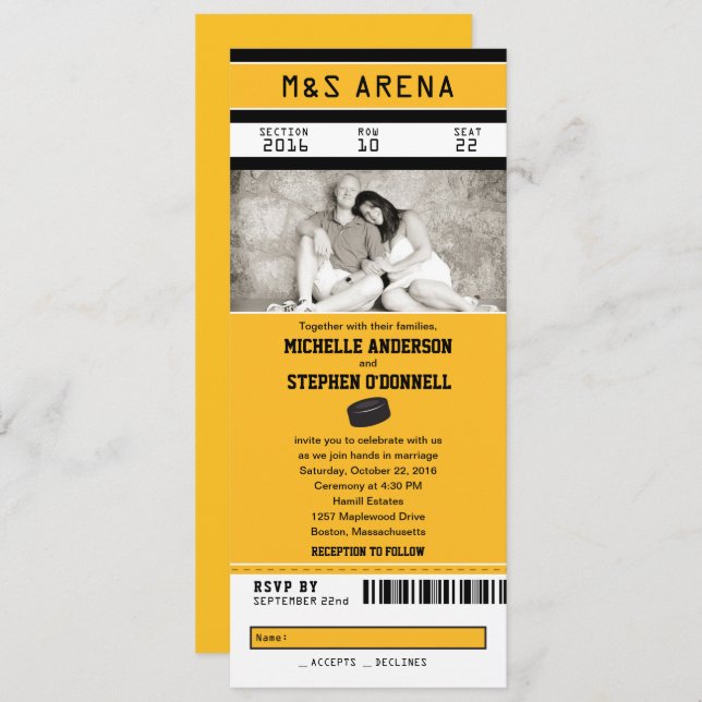 Yellow and Black Hockey Sport Ticket Wedding Invitation (Front/Back)
