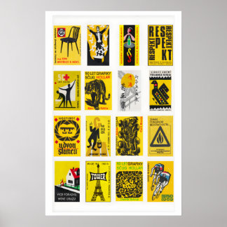 Yellow and Black Matchbox Label Collage, graphic Poster
