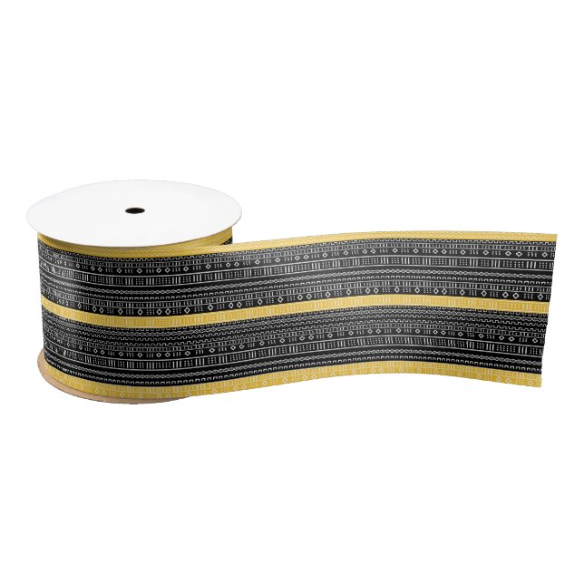 Yellow And Black Modern Mudcloth Satin Ribbon (Spool)