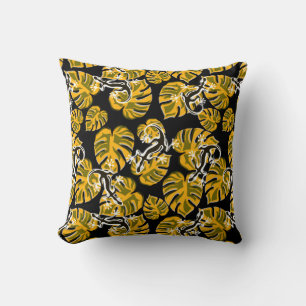 Yellow And Black Pattern - Geckos And Leaves Cushion