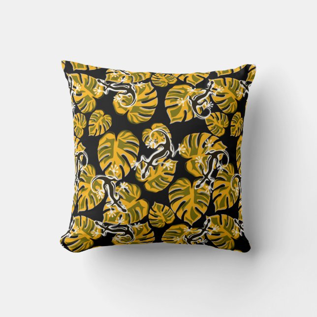 Yellow And Black Pattern - Geckos And Leaves Cushion (Front)