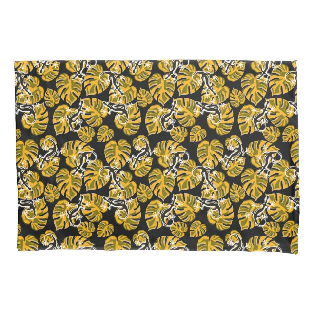 Yellow And Black Pattern - Geckos And Leaves Pillowcase (Front)