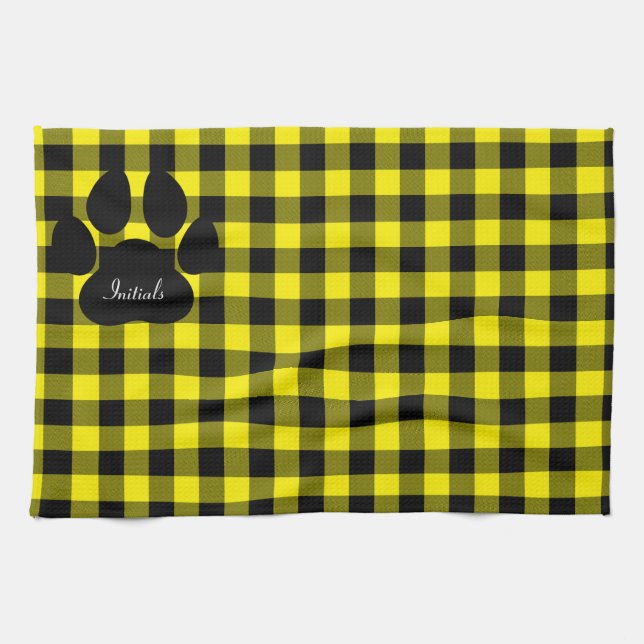 Yellow And Black Plaid Paw Print Kitchen Towel (Horizontal)