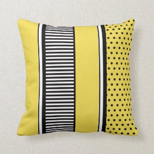Yellow and Black Polka Dot Lines Abstract Cushion