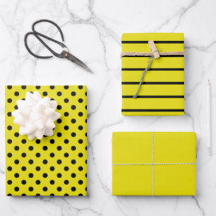 Yellow and Black Polka Dot Stripes Wrapping Paper Sheet