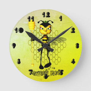 Yellow and black Queen Bee with honeycomb Round Clock
