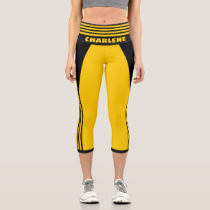 Yellow and Black Racing Stripe Name Template Capri Leggings