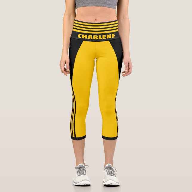 Yellow and Black Racing Stripe Name Template Capri Leggings (Front)