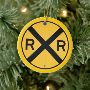 Yellow and Black Railroad Crossing Sign Photograph Ceramic Ornament