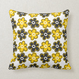 Yellow And Black Retro Flowers Pattern Cushion