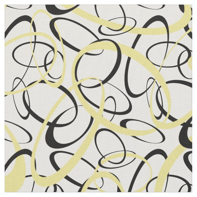 Yellow and Black Retro Shapes Pattern Fabric (Close Up)