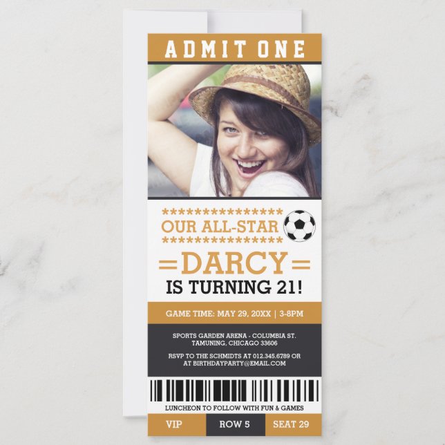Yellow and Black Soccer Ticket Birthday Invites (Front)