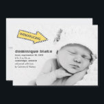Yellow and Black Stripes Arrow Birth Announcement<br><div class="desc">Yellow and Black Stripes Arrow Birth Announcement  
 Modern birth announcement with a yellow and black stripes arrow sign. Fun and unique birth announcement yo give your family and friends.</div>