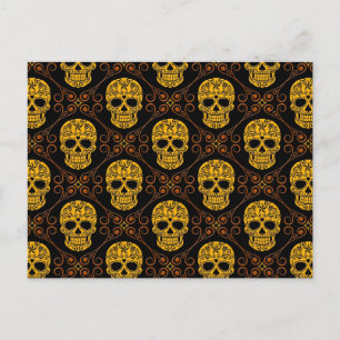 Yellow and Black Sugar Skull Pattern Postcard