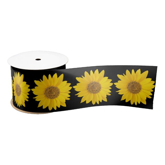 Yellow and Black Sunflower Pattern Satin Ribbon (Spool)