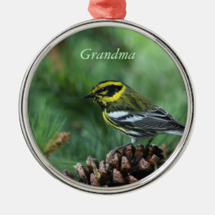 yellow and black warbler in winter ornament