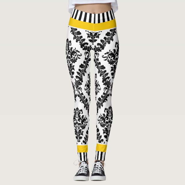 Yellow and black white damask pattern & stripes leggings (Front)