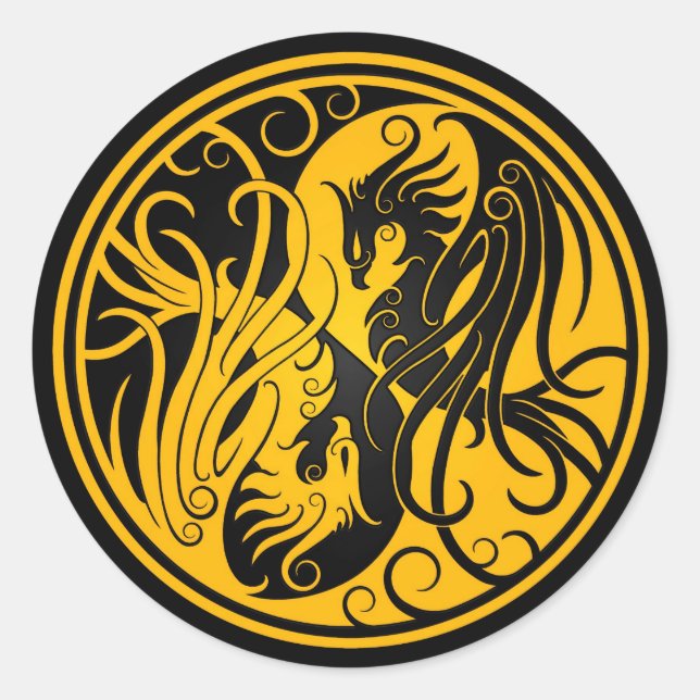 Yellow and Black Yin Yang Phoenix Classic Round Sticker (Front)
