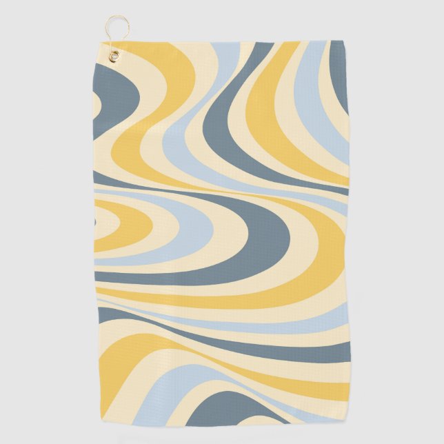 Yellow and blue abstract swirl design golf towel (Front)